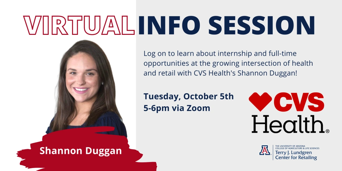 Flyer for virtual info session with CVS Health's Shannon Duggan