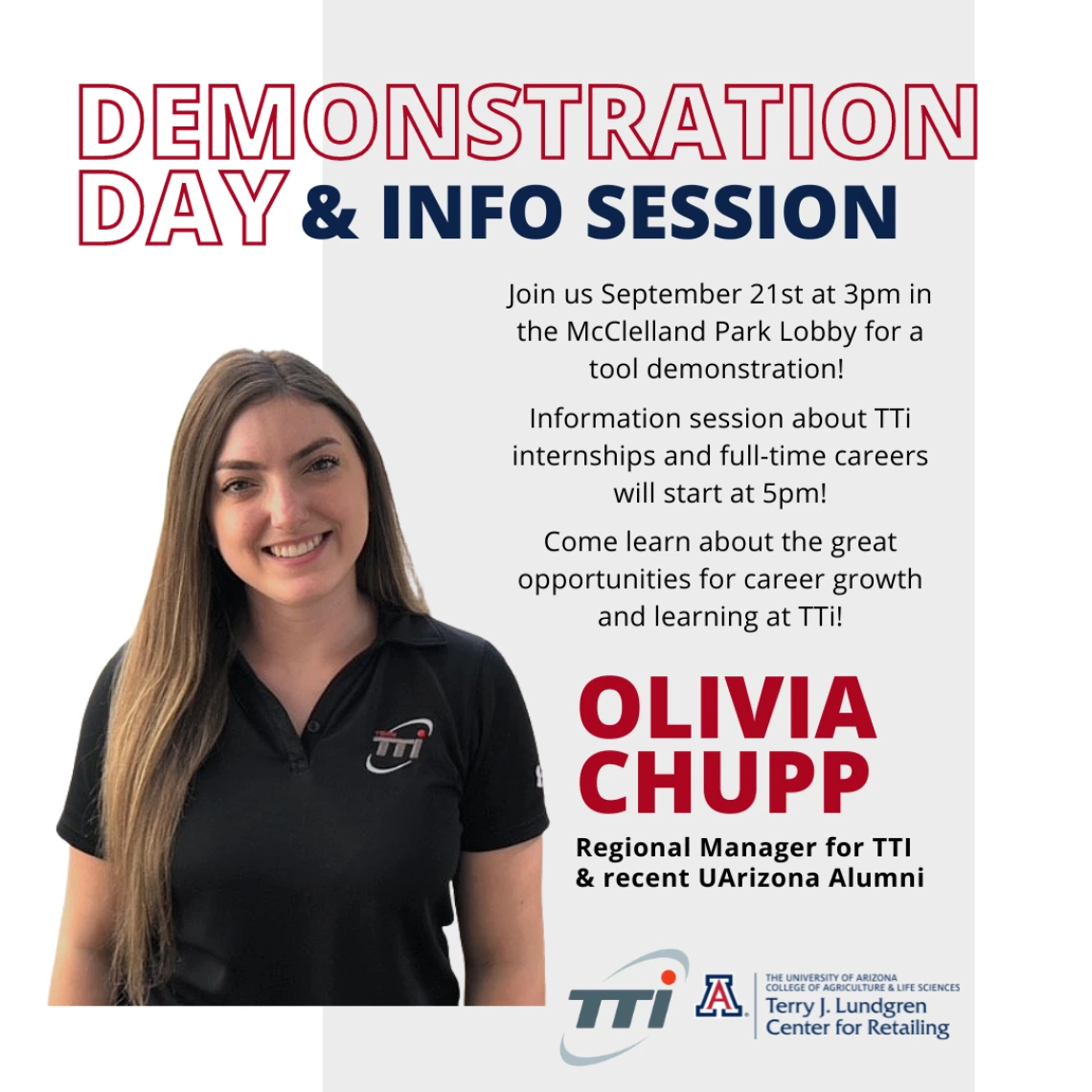 Flyer for Demonstration Day & Info Session with Olivia Chupp from TTI