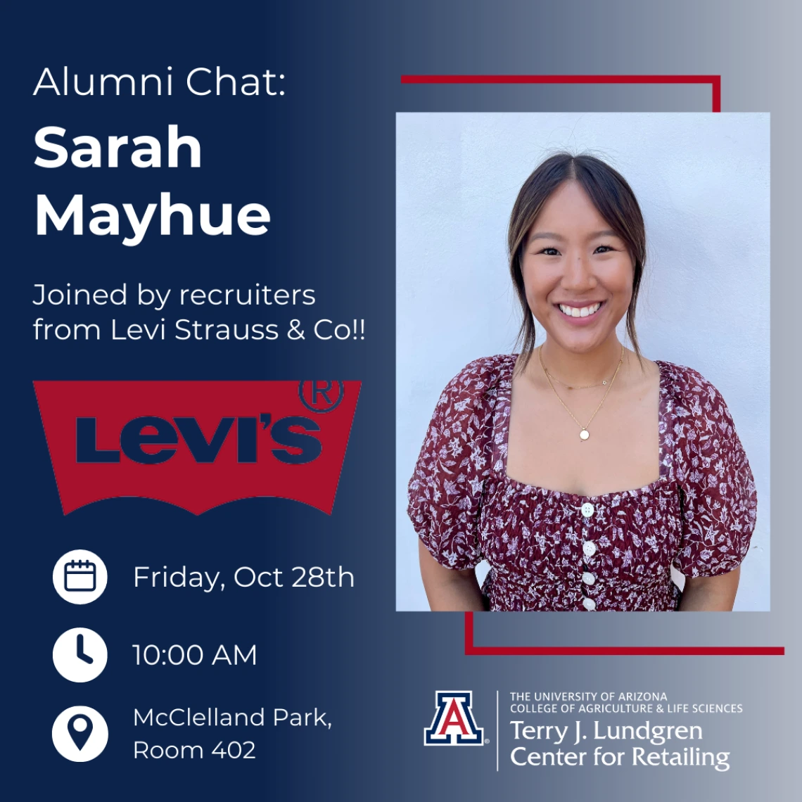 Flyer for Sarah Mayhue Alumni Chat