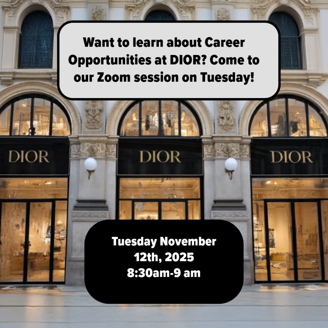 Event infographic, picture of dior building